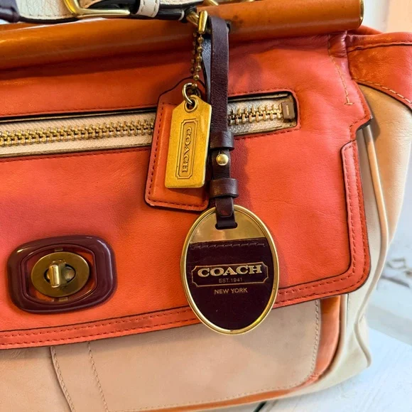 COACH | Louisa Satchel (2011) #19276, Beige and Coral Color Block - Picture 5 of 17
